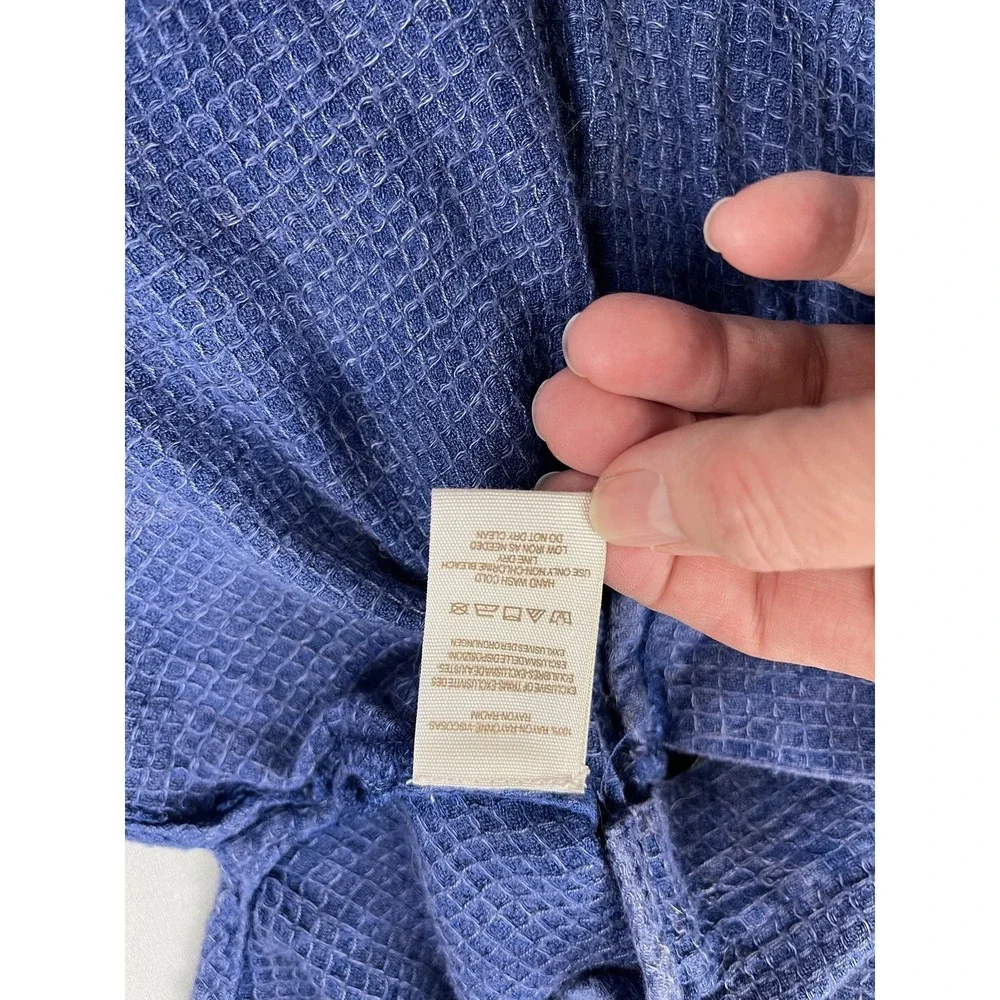 Free People Womens Shirt Large Blue Waffle Knit Tunic Top Button Front Oversized